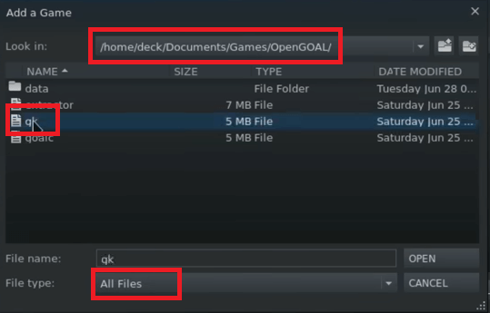 Add gk to add OpenGOAL to your Steam Library, filter by All Files